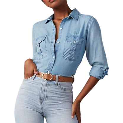NEW-Women Double Pockets Spliced Decoration Denim Shirt Jacket Single-Breasted Lapel Casual Female Tops