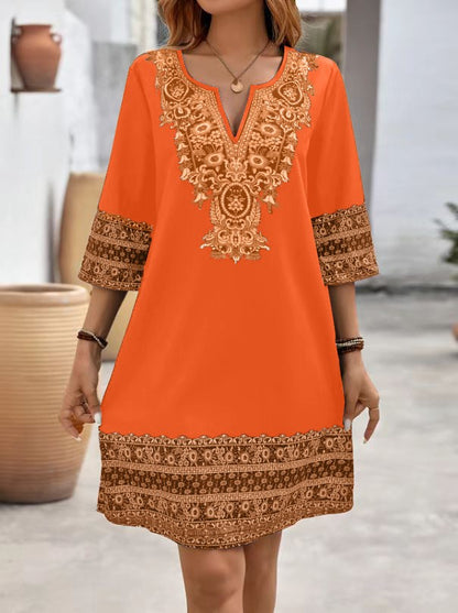 Women's Clothes Casual print Short Sleeve V-Neck Waist Cinched Dress summer vintage New Female Fashion Loose Mini Dresses 2025