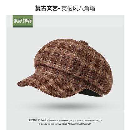 Vintage Plaid Newsboy Cap Women Men British Style Retro Artistic Octagonal Hat Female Male Casual Painter Cap Unisex Fall Winter
