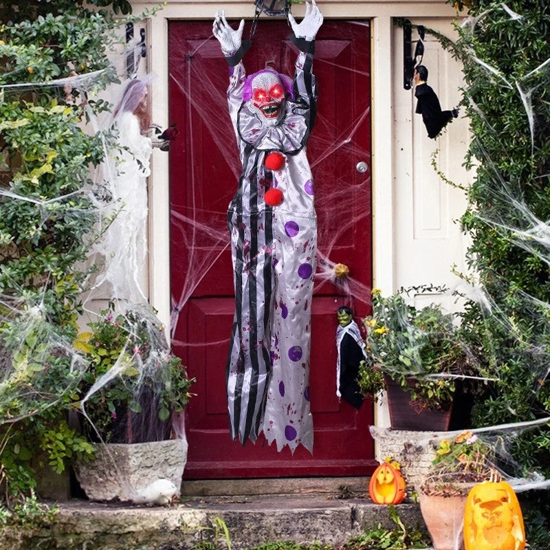 Decoração de Halloween Animatronics Palhaço Enfermeira Pendurado Controle por Voz Elétrico Exterior Assustador Liquidação Horror Adereços Casa Assombrada