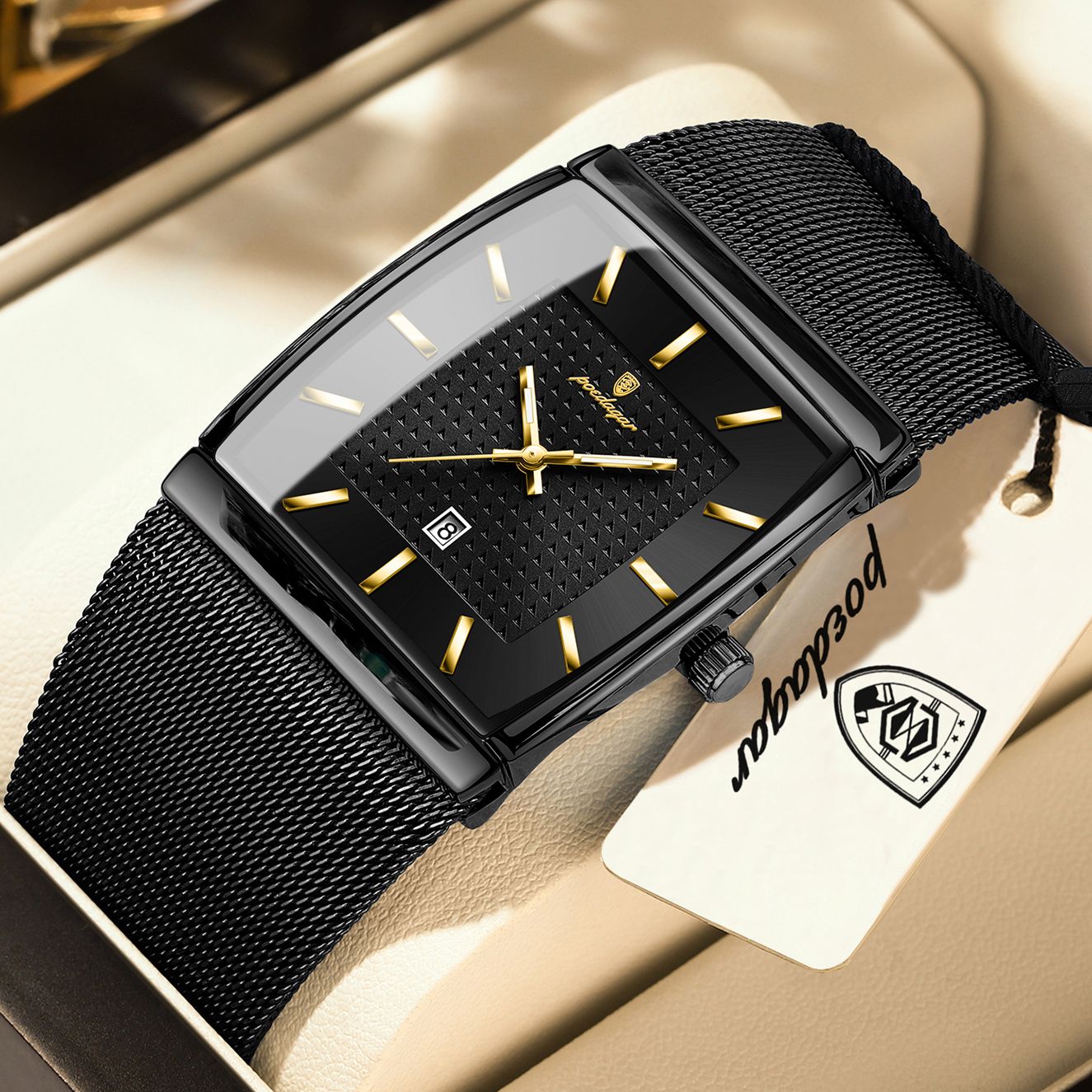 POEDAGAR Top Luxury Men Watch Stainless Steel Mesh Date Waterproof Luminous Man Wristwatch Casual Rectangle Quartz Men's Watches