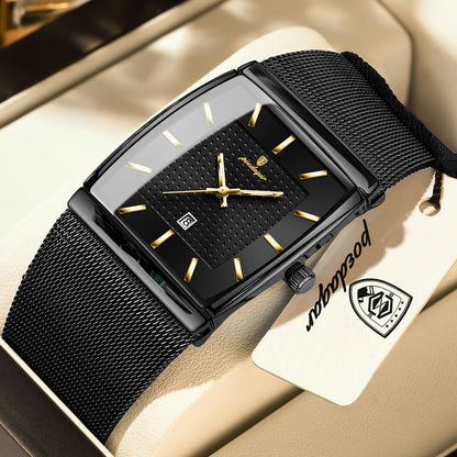POEDAGAR Top Luxury Men Watch Stainless Steel Mesh Date Waterproof Luminous Man Wristwatch Casual Rectangle Quartz Men's Watches