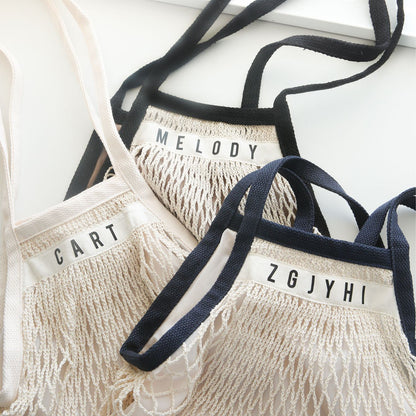 1PCS Personalised Name Mesh organic Cotton Bag with Long handle Reusable Washable Beach Bag Organizer for Shopping Grocery Bag