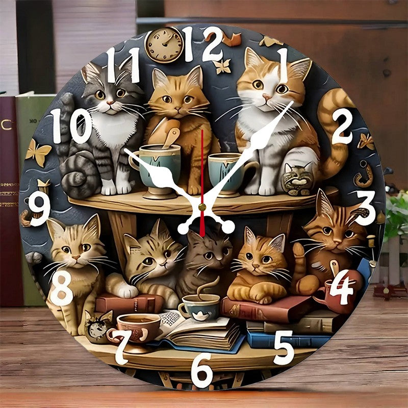 Cat Design Wooden Round Silent Hanging Wall Clock, Suitable For Living Room, Office, Study Room, Bedroom, Home Decoration