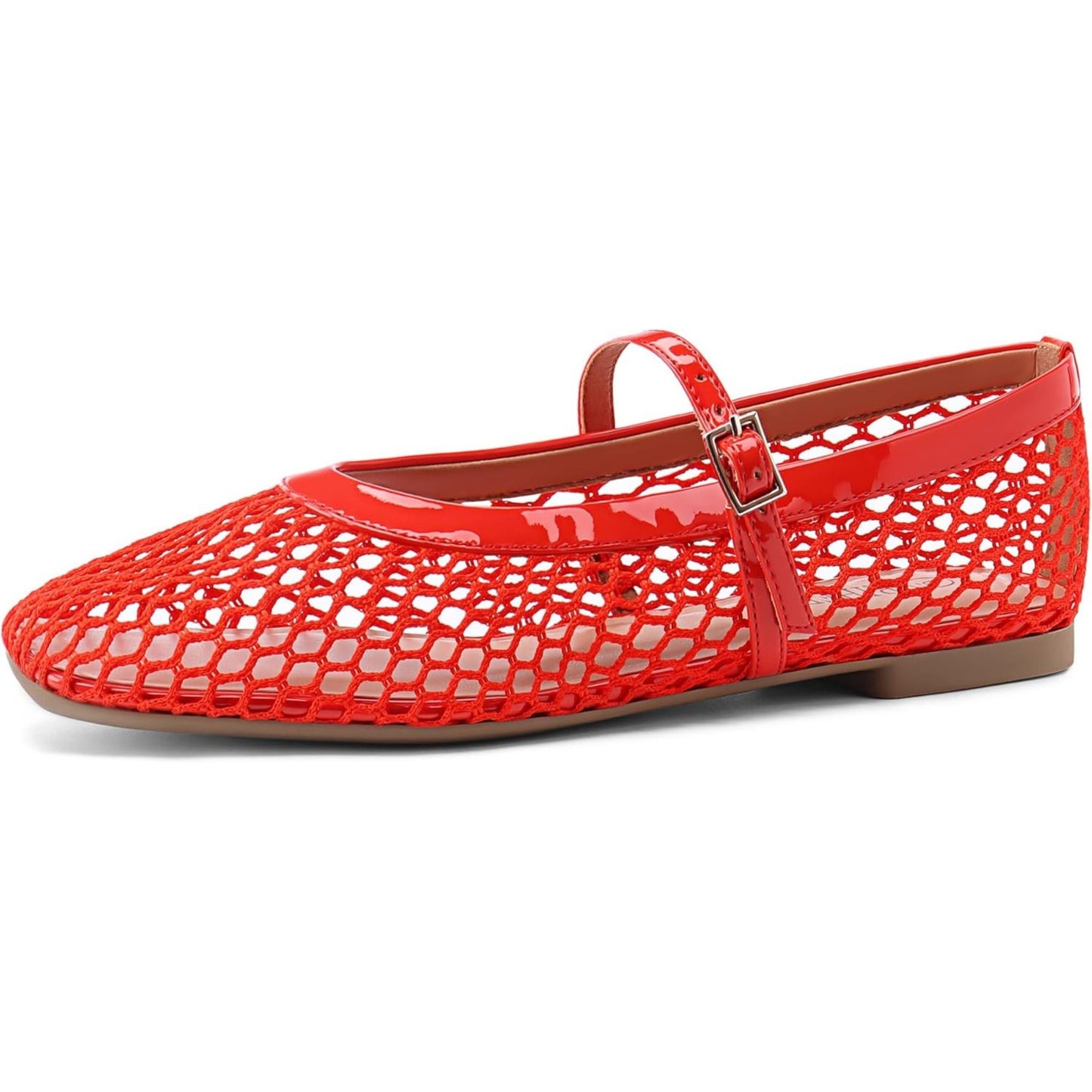 Women‘s Mesh Ballet Flats Comfortable Square Toe Ballerina Flats Buckle Strap Casual Fishnet Flat Shoes