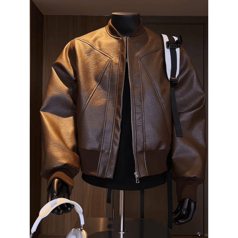 American Trend Retro Crack Leather Versatile Casual Jackets Stand Collar Leather Bomber 2025 Men's Fashion Commuter Leather Coat