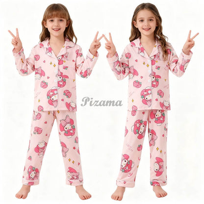 Children's Full Sleeve Button Down 2piece Kuromi Girls Pajamas Sets Boys Cinnamorolls Pyjamas Suits Kids Loungewear Homewear