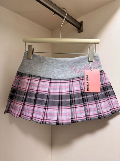 American Retro Spicy Girl Plaid Half Skirt Women Summer New Embroidery Patchwork Fashion High Waist Pleated Short Skirt