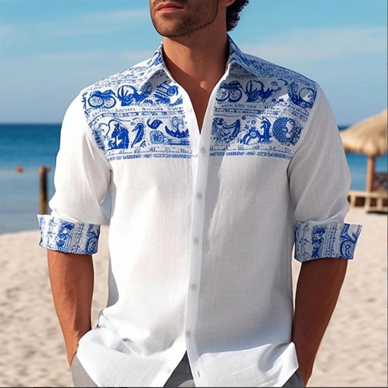 Men's Digital Dot Grid 3D Striped Printed Shirt Casual Breathable Flap Button Shirt Men's Formal Long Sleeve Shirt