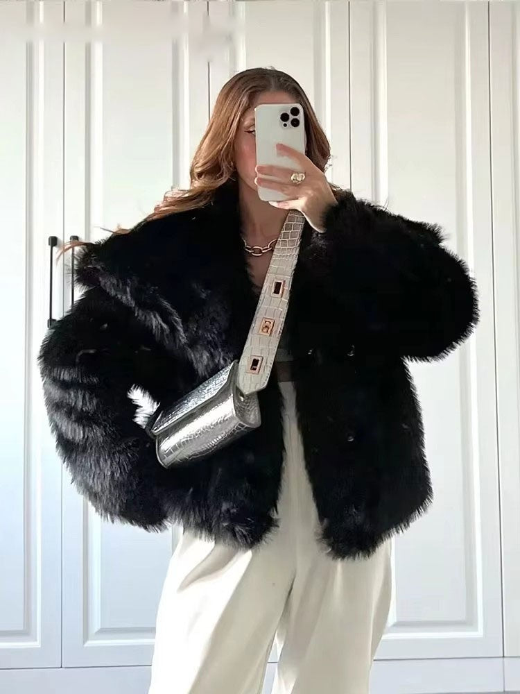 HH Women Elegant Faux Fur Coat Warm Fluffy Loose Long Sleeve Lapel Jacket Autumn Winter Fashion High Street Lady Outerwear
