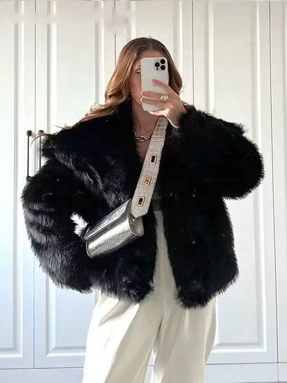 HH Women Elegant Faux Fur Coat Warm Fluffy Loose Long Sleeve Lapel Jacket Autumn Winter Fashion High Street Lady Outerwear
