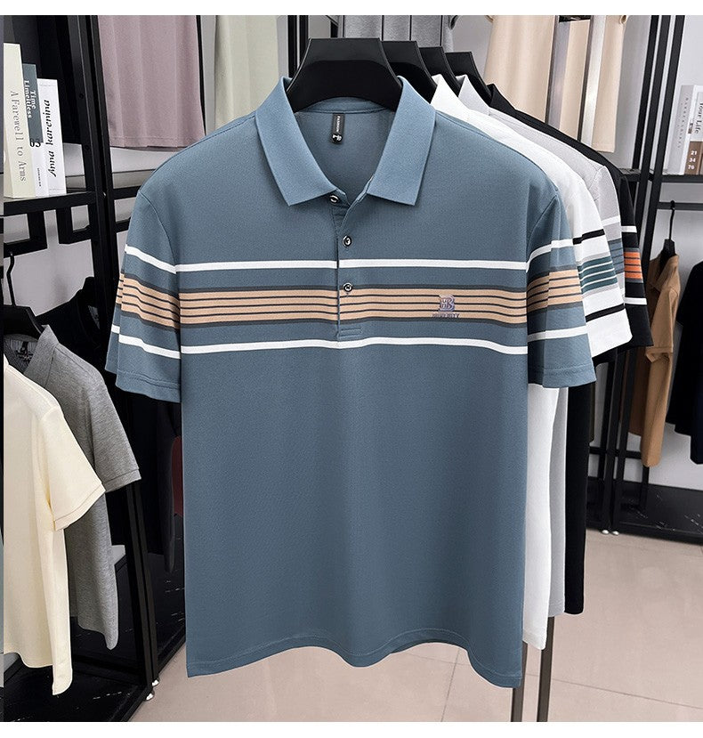 High end letter embossed short sleeve polo shirt luxury brand T-shirt fashion striped summer new ice silk breathable men's top