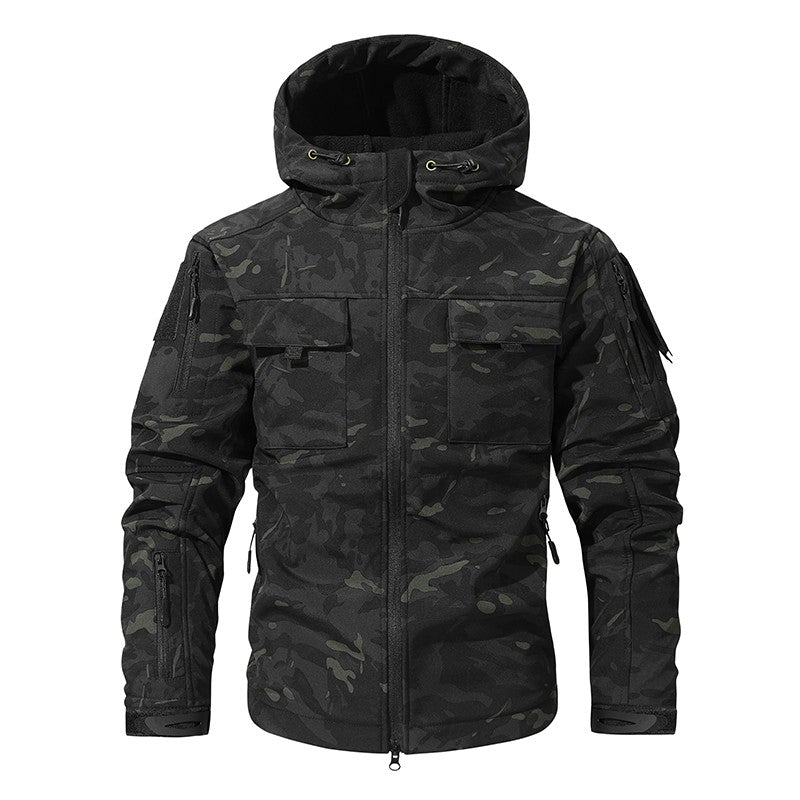 Men's Silent Soft Shell Camouflage Tactical Jacket Waterproof Warm Fleece Hunting Jackets Outdoor Hiking Fishing Hooded Coat