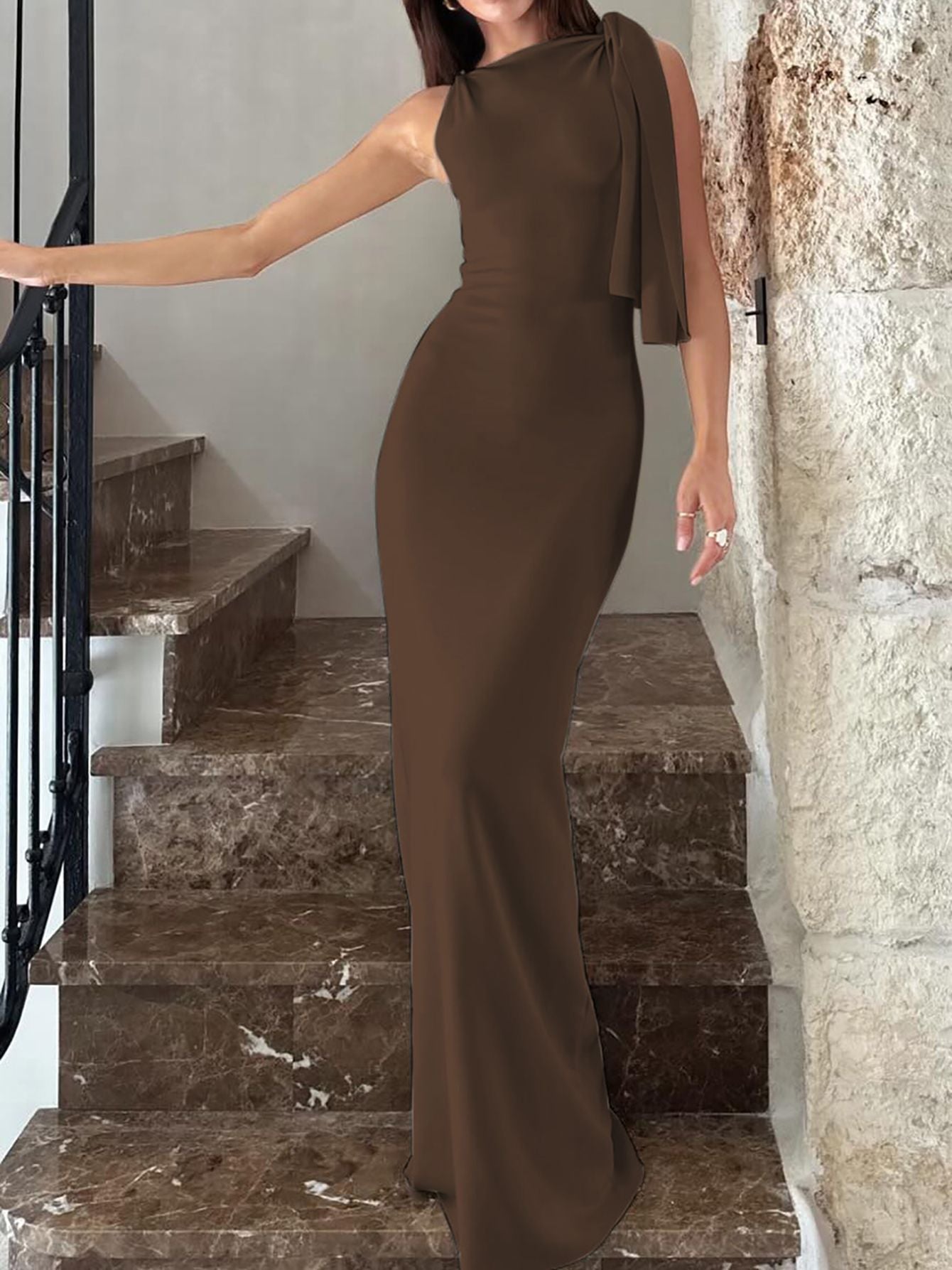 Hugcitar Fashion Solid O Neck Sleeveless Patchwork Sexy Bodycon Maxi Prom Dress