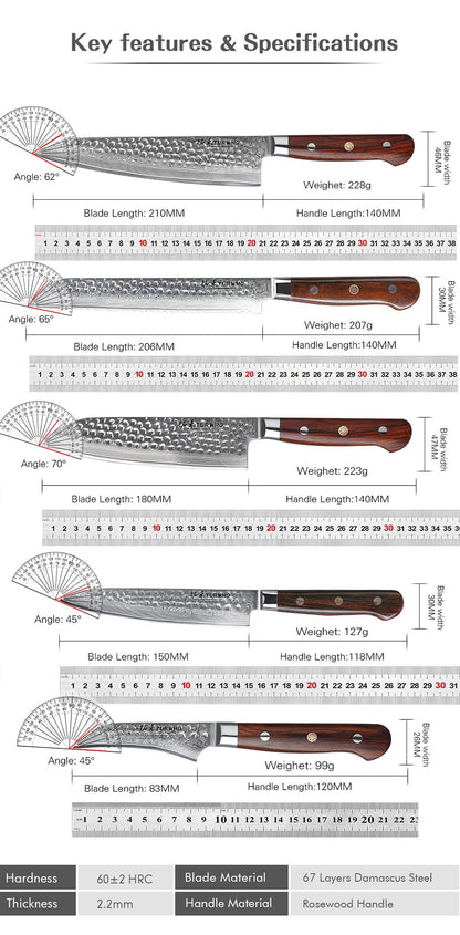 TURWHO 1-5 PEÇAS Facas Santoku Japonesas Facas de Chef Faca de Pão Aço Damasco de Alto Carbono 67 Camadas Conjunto de Facas Profissionais para Cozinha