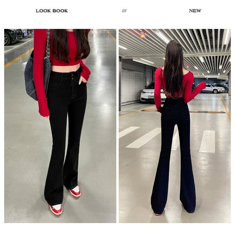 High Waist Fce Lined Thiened Autumn Winter American Bla ey Micro Flared Jeans Women Slimming Legging  Hoof Pants