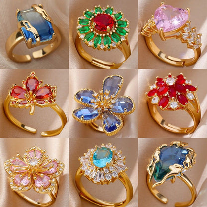 Anéis de Luxo em Aço Inoxidável Banhado a Ouro Pedra Colorida Zircônia Cristal Coração Anel Feminino Casamento Joias Boho Presente de Natal