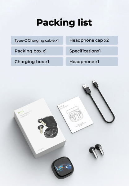 Bluetooth Headphones HTC Wireless Earphones Full HD LCD Display Earpiece Noise Canceling Earbuds Comfortable for Music Sport