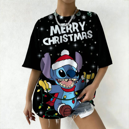 Women's Disney Stitch Christmas Tee Summer Oversized Short Sleeve Top Streetwear Daily Fashion & Trendy Outfits Casual T-Shirt