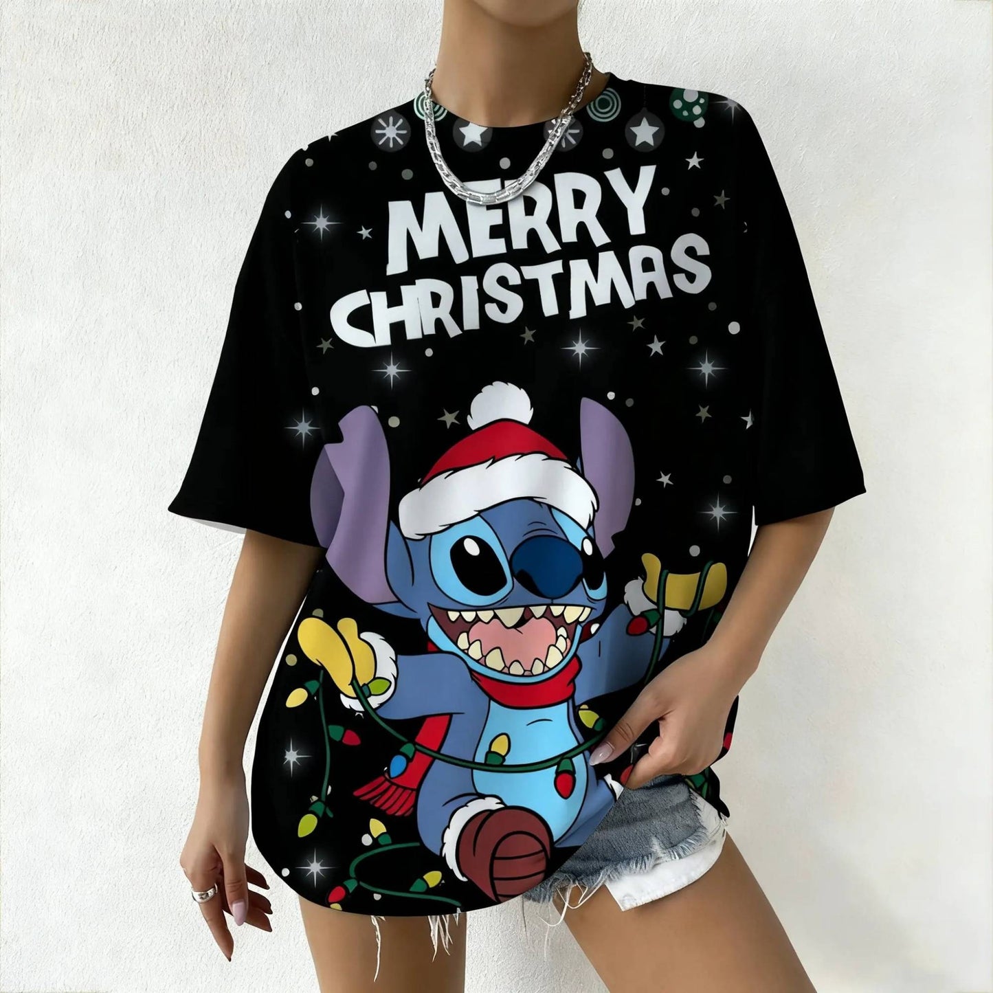 Women's Disney Stitch Christmas Tee Summer Oversized Short Sleeve Top Streetwear Daily Fashion & Trendy Outfits Casual T-Shirt