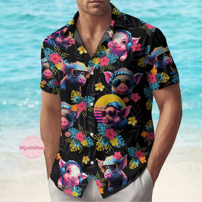 Cute Pig Hawaii Shirt Pink Pig Summer Aloha Shirts Barchelory Party Outfit, Funny Hawaii Shirt, Pig Lovers,Gift For Farmers Tops