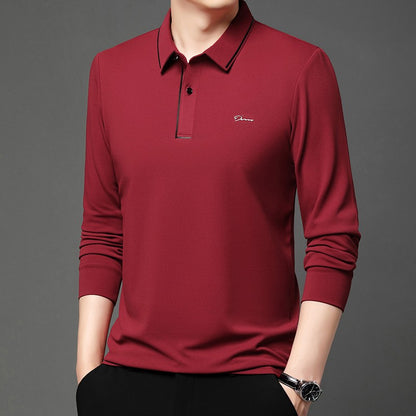New Men's Business Casual Long Sleeved Shirt with Badge Solid Color Polo Shirt Fashionable Breathable Comfortable Versatile Top