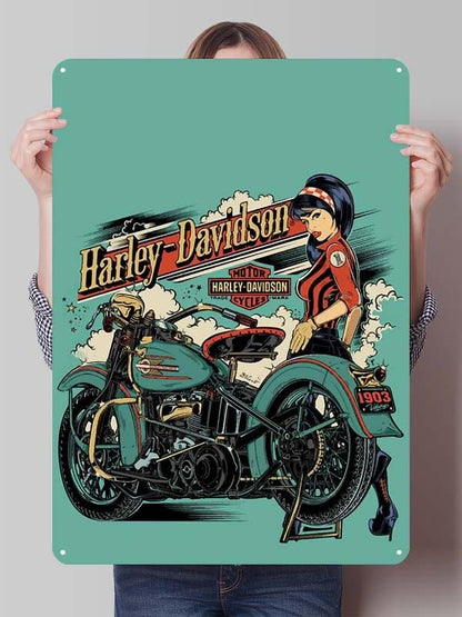 Letreiro de Flandres H-Harley Pôster de Motocicleta Decoração Estética de Quarto Masculino Placas de Metal Personalizadas para Garagem Decoração de Parede Retrô para Casa