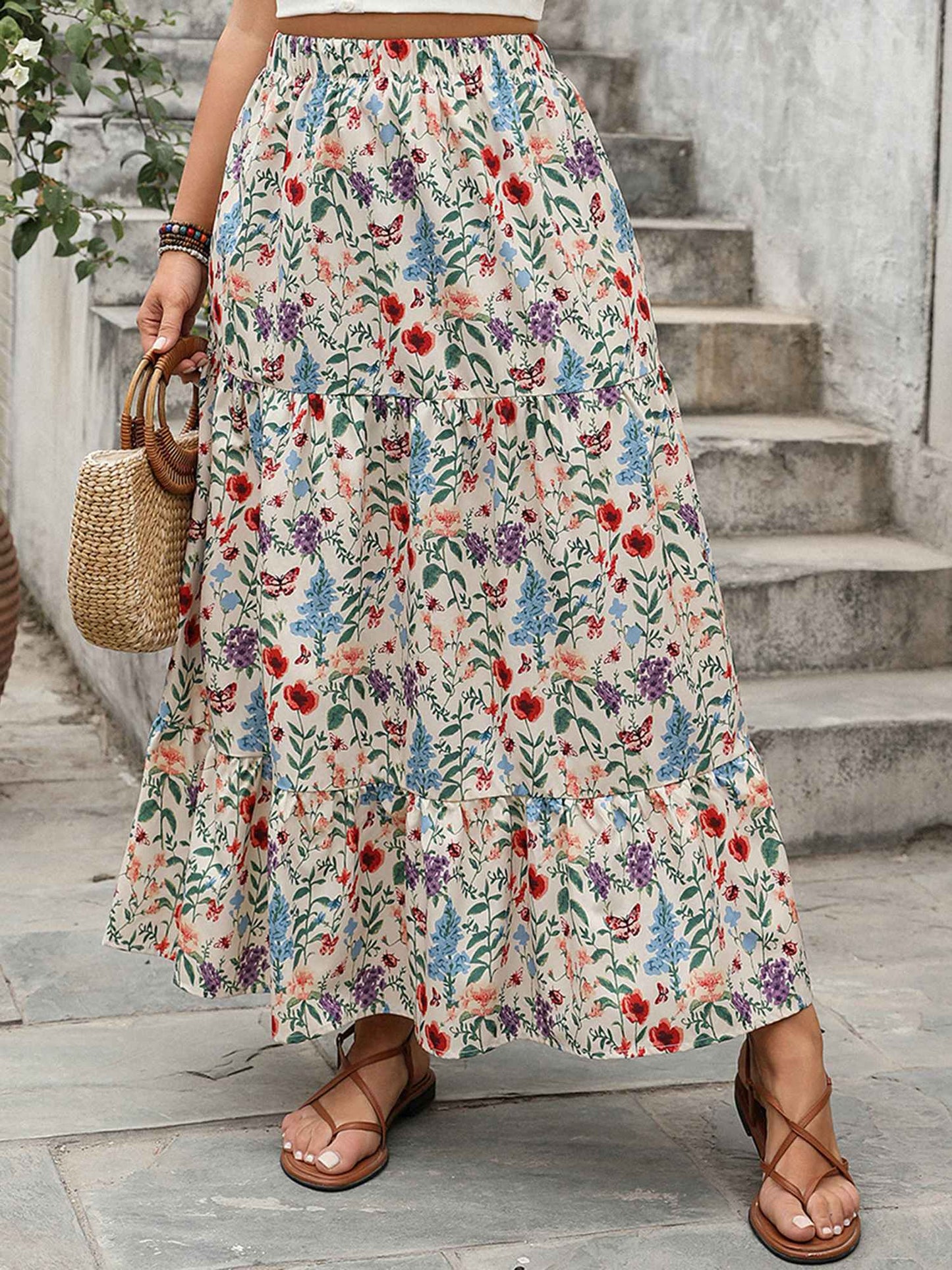 Women s Vintage Boho Style Maxi Skirt with Elastic Waistband Flowy Floral Print Summer Skirt for Casual Daily Wear