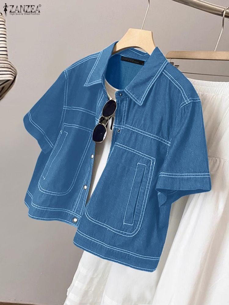 ZANZEA Women's Denim-Like Contrast-Stitch Shirts 2025 Fashion Turn-Down Collar Short Sleeve Button Up Shirt Streetwear Woman Top