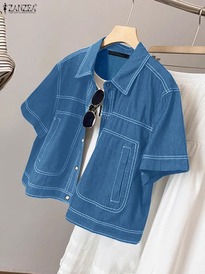 ZANZEA Women's Denim-Like Contrast-Stitch Shirts 2025 Fashion Turn-Down Collar Short Sleeve Button Up Shirt Streetwear Woman Top