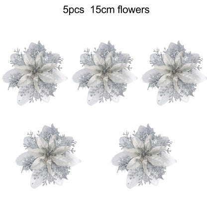 1/5/10pcs Sparkling Red Golden Silver Poinsettia Artificial Flowers Christmas Tree Ornaments for Xmas New Year party Decoration
