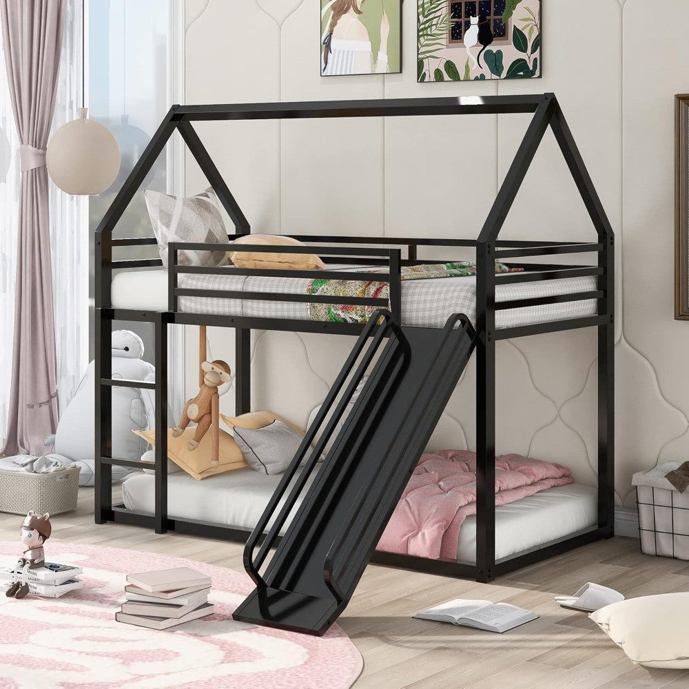 Beliche Duplo com Escorregador, Beliche Baixo Infantil de Metal com Escada e Guarda-Corpo de Comprimento Total para Menina, Menino