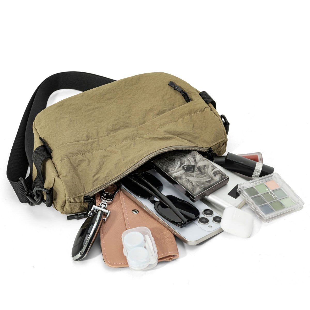 Japanese-Style Waterproof Lightweight Nylon Crossbody Bag, Lightweight Casual Multi-Pocket Unisex Phone Bag, Small Square Bag, Trendy for Hiking and Shopping