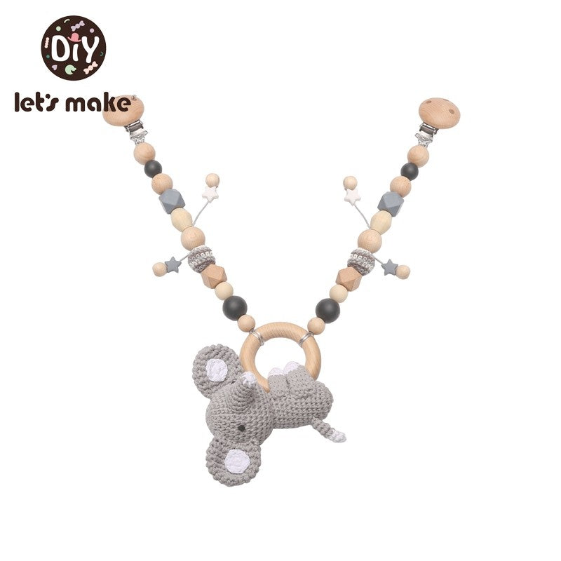 Let's Make Wood Teether Baby Bed Hanging Rattles Toy Make Noise Bird Elephant Shape Crochet Beads Bracelet Pram Clip Baby Rattle