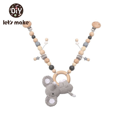Let's Make Wood Teether Baby Bed Hanging Rattles Toy Make Noise Bird Elephant Shape Crochet Beads Bracelet Pram Clip Baby Rattle