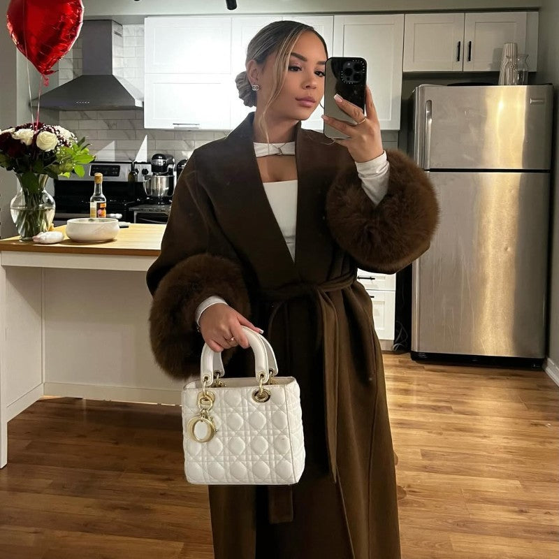 Elegant Faux Fur Cuffs Woolen Coat With Belt For Women Fashion Lapel Long Sleeve Lace Up Maxi Jacket Lady 2025 Autumn Outerwear