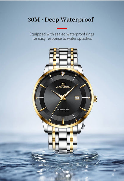 2024 New Men Watch Stainless Steel Business Style Luxury Rhinestone 43mm Blue Gold Quartz Movement Wristwatch Relogios Masculino