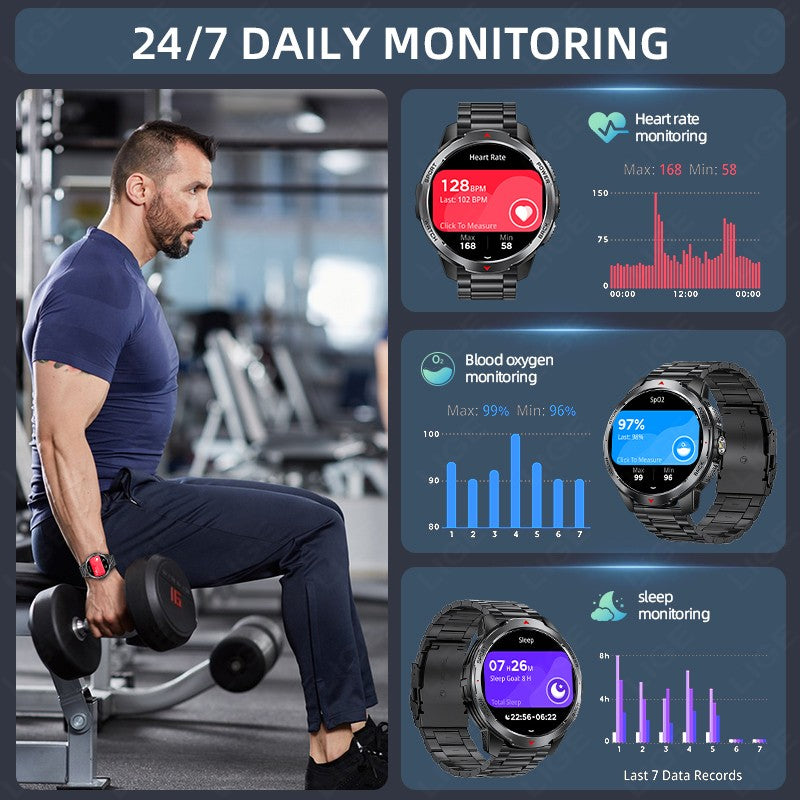 LIGE Novo Smartwatch Masculino com Bateria de 1100mAh para Esportes ao Ar Livre, Lanterna LED, Bússola, Chamada Bluetooth