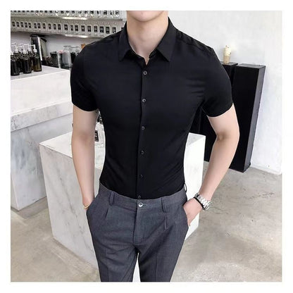 Korean Fashion Trend Casual Elastic Design Sense Short Sleeve Shirt Men's Solid Lapel Collar Button Breathable Simple Slim Tops