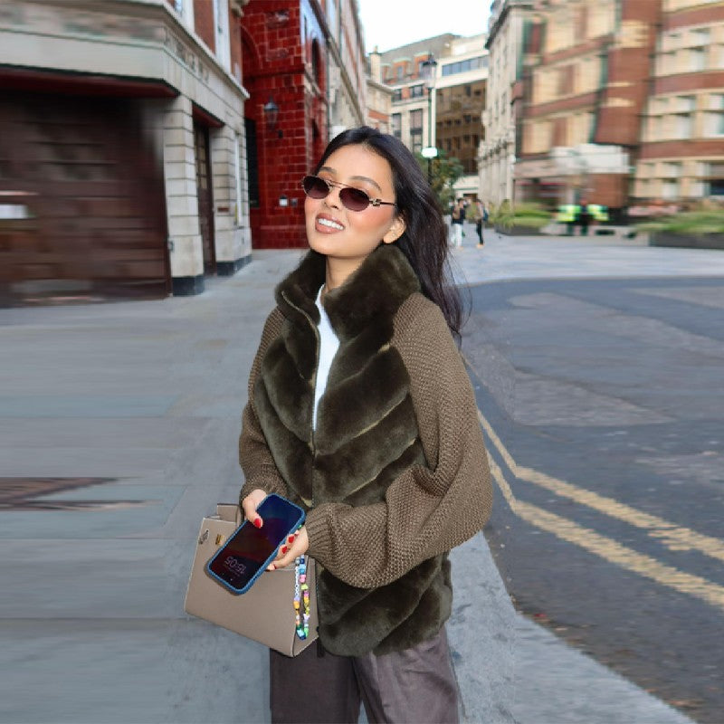 Vintage Faux Fur patchwork Jacket For Women Fashion Design Sense Long Sleeves Casual Coat 2025 Autumn Winter Female Streetwear