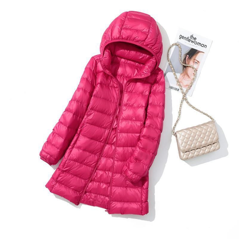 Hoody Long White Duck Down Coat Autumn Winter Portable Hooded Puffer Down Jacket Women Casual Double Zipper Windproof Thin Light