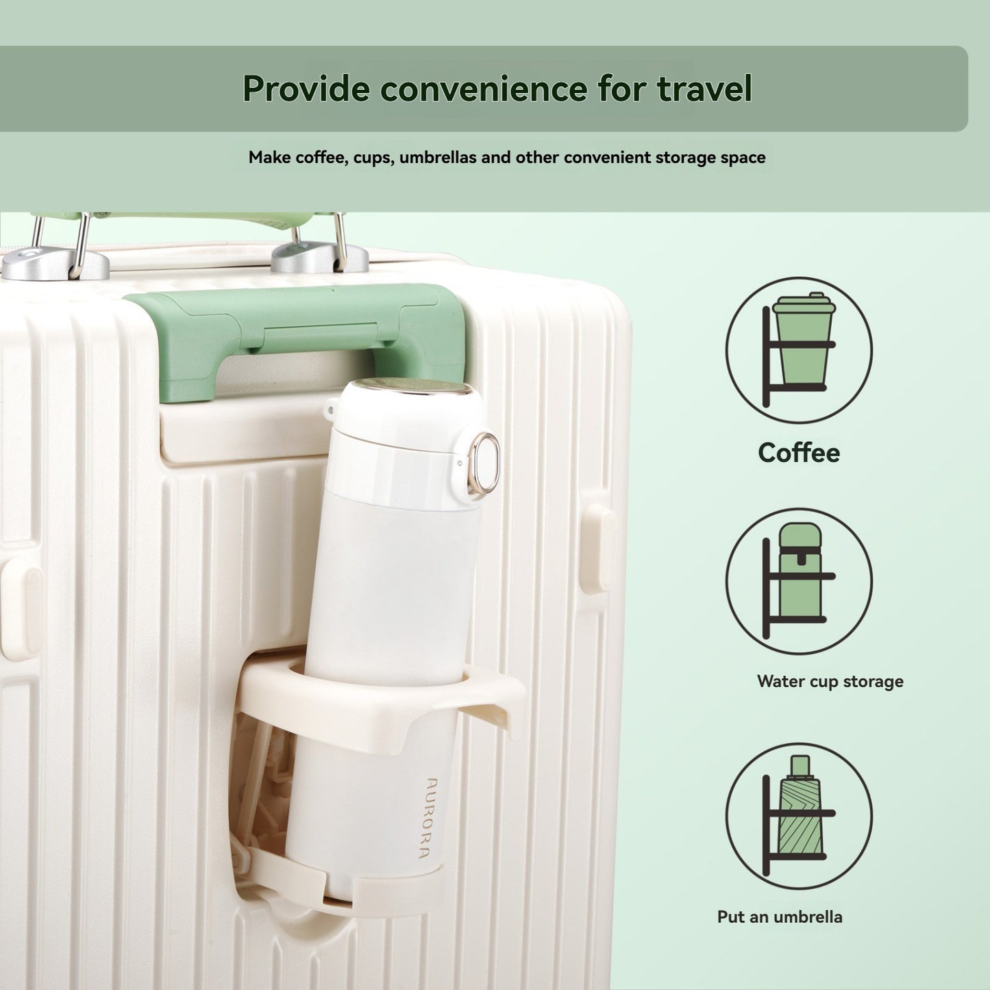 1-Piece Set of Front-Opening Suitcase with Jelly Wheels, Trolley Case with 5cm Expansion Layer, Leather Handle, Luggage with Phone Holder, Foldable Cup Holder, Side Hook Function, Customs Lock, Suitable for Outdoor Beach Vacations and Long-Distance Travel
