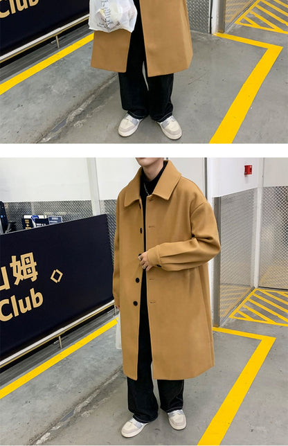 Blends Men X-long Autumn Winter Korean Style Trendy Loose Overcoats Solid Handsome All-match College Harajuku Clothing Mid-calf
