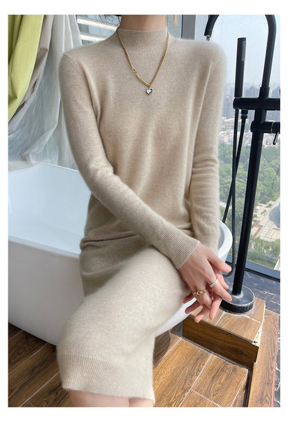 Autumn And Winter 100% Pure Wool Ladies Long Sweater Skirt Semi-High Collar Cashmere Dress Large Knit Bottoming Skirt