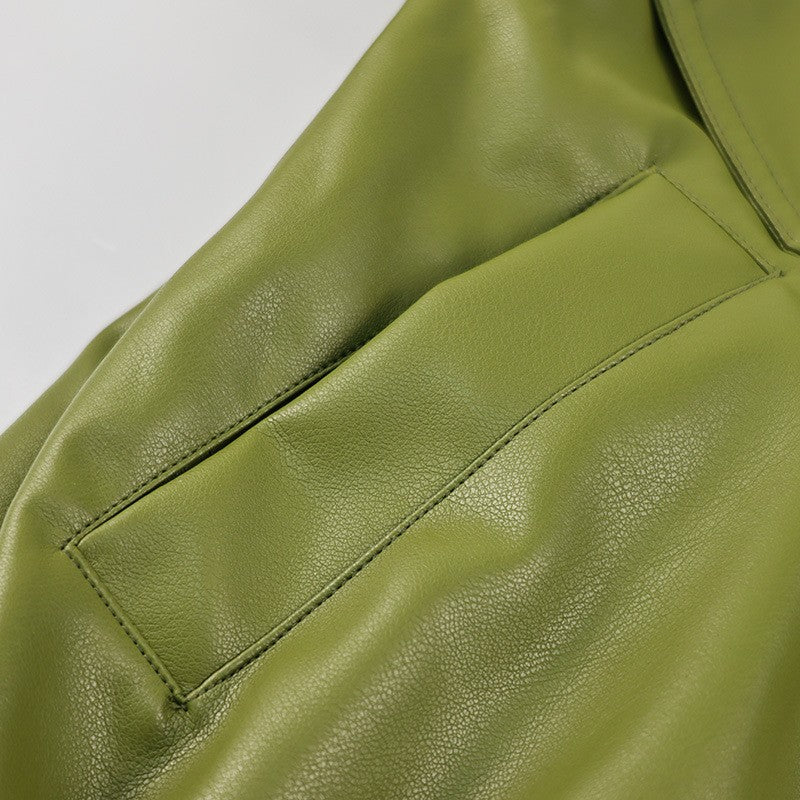 Olive Green Leather Jacket Coat Silhouette Vintage High Street Trend Zipper Lapel Short Overcoat Loose Casual Top Outwear Autumn