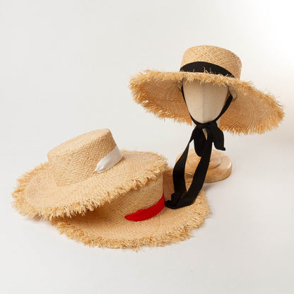 Chapéu de Palha de Ráfia Feminino, Chapéus de Sol de Verão, Fita da Moda para Meninas, 52cm, Infantil, Aba Larga, Proteção UV, Chapéus de Praia para Mulheres