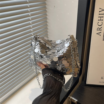 Sequin Evening Party Shoulder Bags for Women Lightweight Portable Ladies Chain Crossbody Bag Solid Color Casual Female Handbag