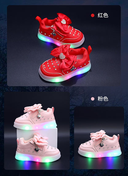 Spring Kids Shoes New Fashion Breathable Sneakers Kids Soft Non Slip Casual Girls Shoe LED Light Cute Versatile Princess Shoe