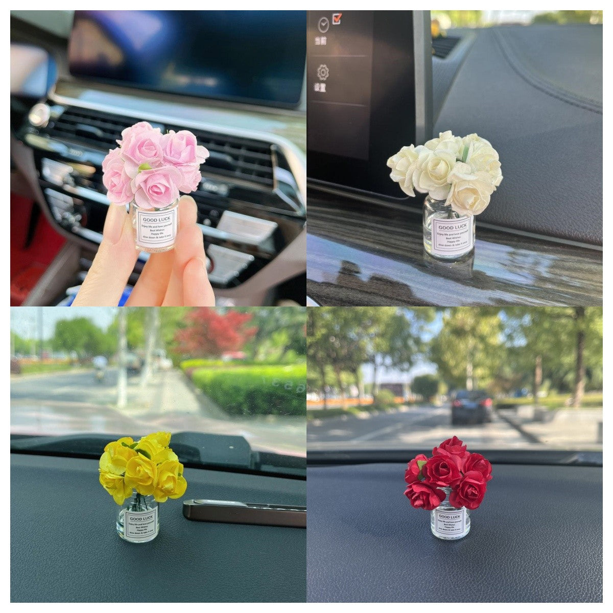 1 peça de enfeite de carro, enfeite fofo de simulação de rosa em vaso, acessórios para carros femininos, gadgets de decoração para o painel do carro