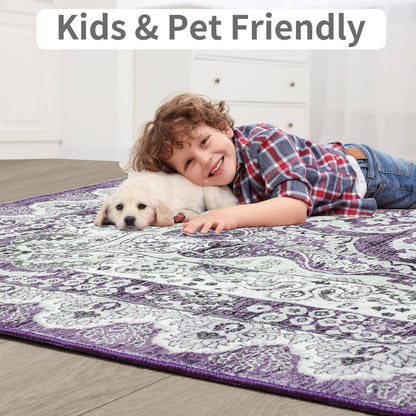 Area Rugs for Living Room, Machine Washable Vintage Rug, Non-Slip Low Pile Throw Rugs with Rubber Backing Washable Carpet